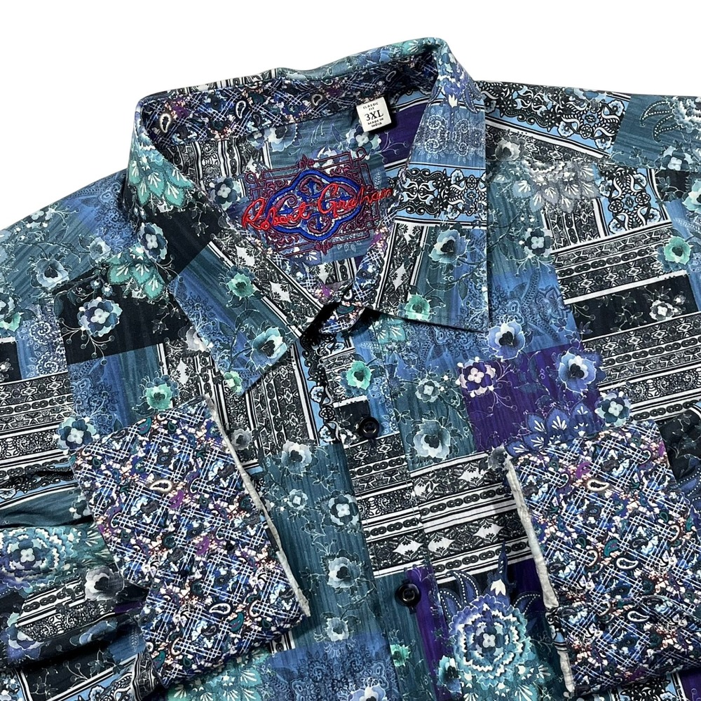 Robert Graham Button Up Shirt Mens 3XL Blue Floral Paisley Flip Cuff Western 3X